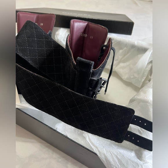 CHANEL Quilted Suede Combat Boots – Black Lace Up - Picture 14 of 17